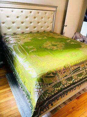 Antique, handmade Italian Silk Green Floral Jacquard Bedspread